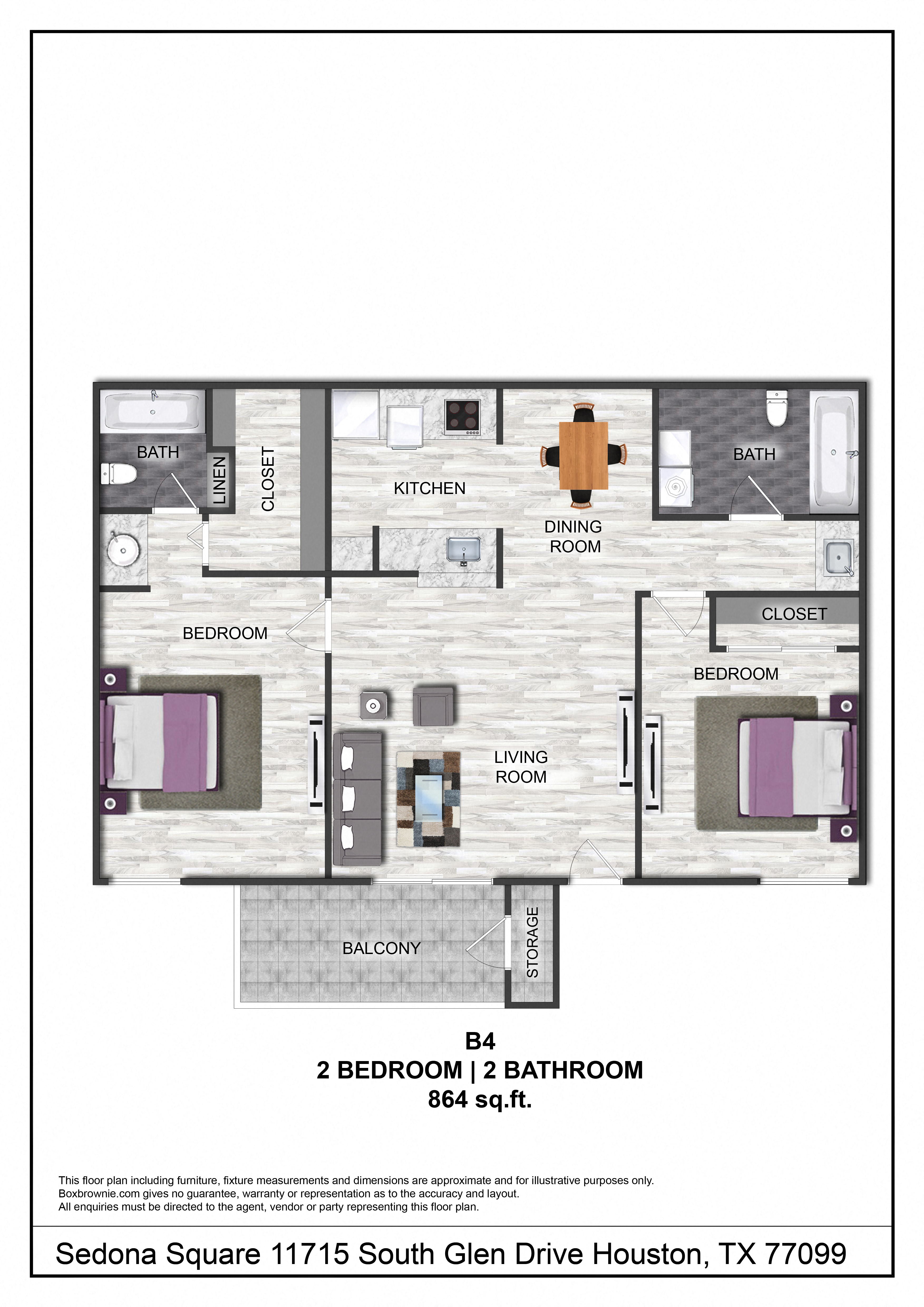 Floor plan for 2 beds, 2 baths, 864 sqft